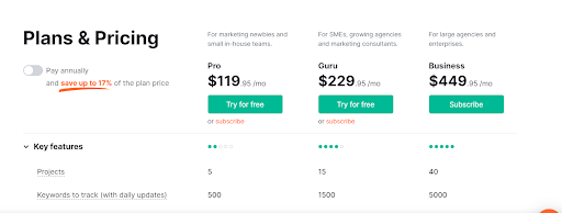 pricing page